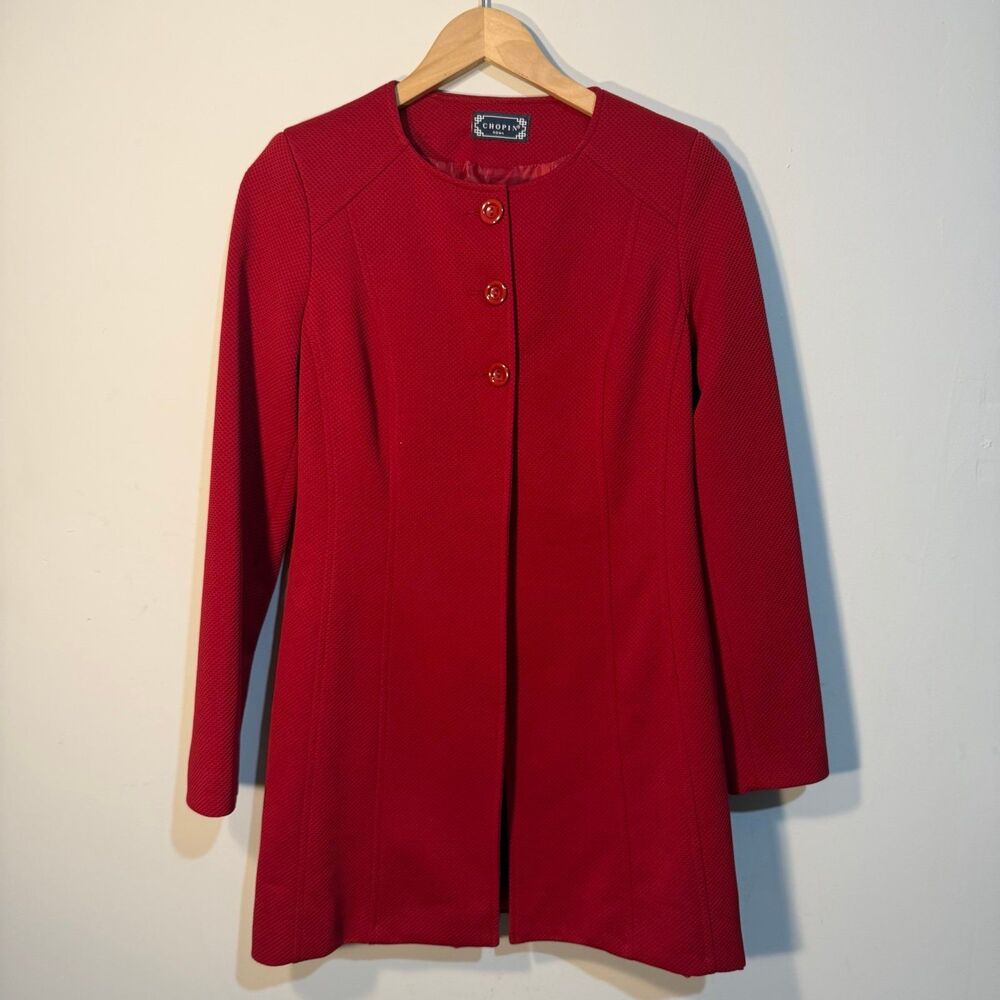 Chopin Roma, Women's Red Textured Button Front Long Sleeve Coat